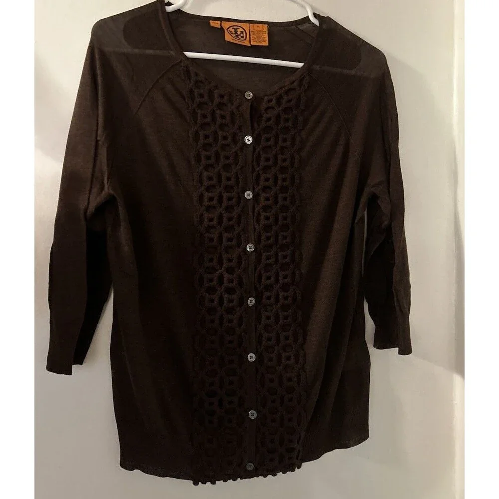 Tory Burch Cardigan Sheer Women’s Brown Silk Cashmere Blend Crochet Panel XL